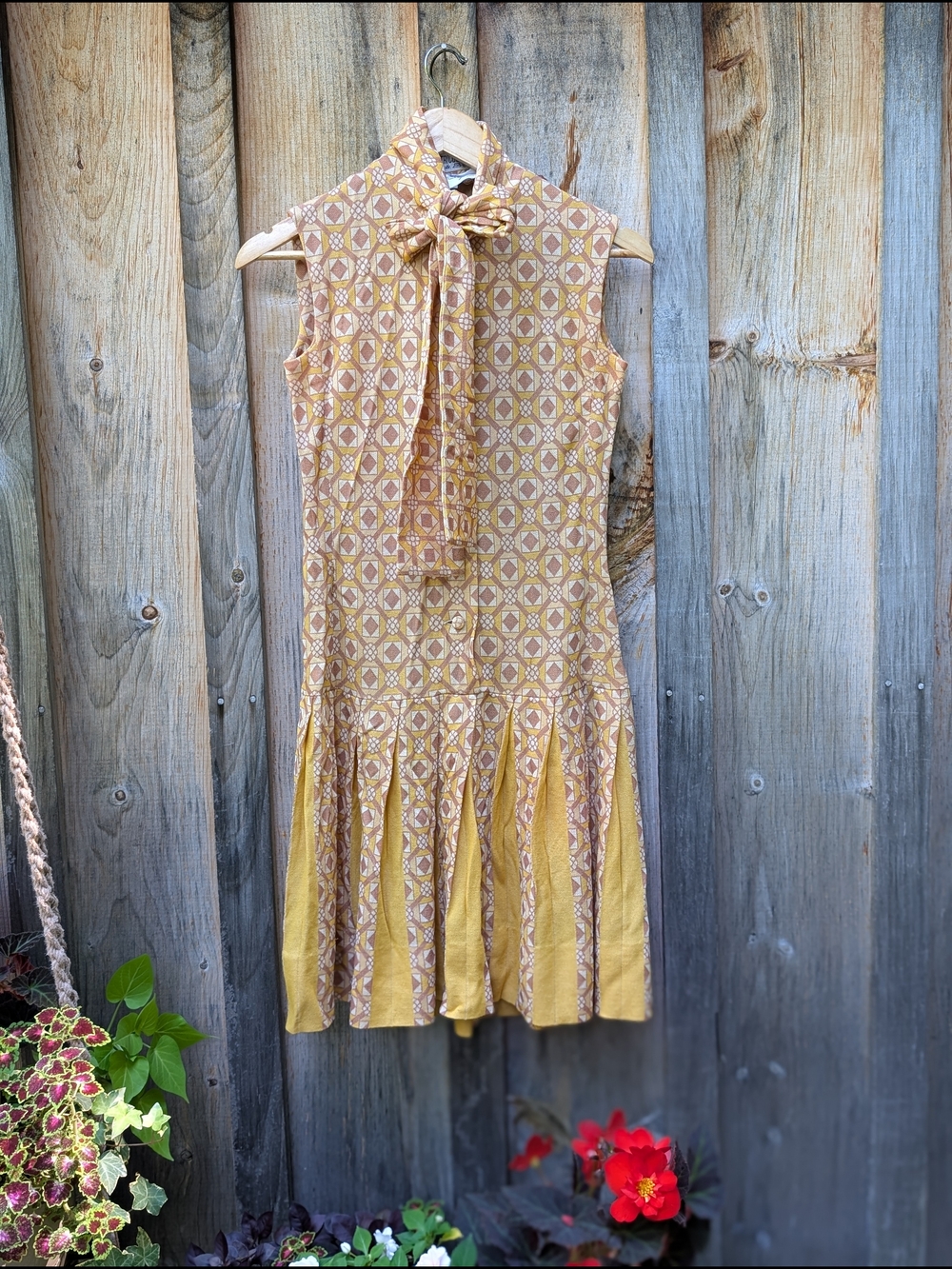 Vintage Tie-Neck Patterned Midi Dress in Mustard